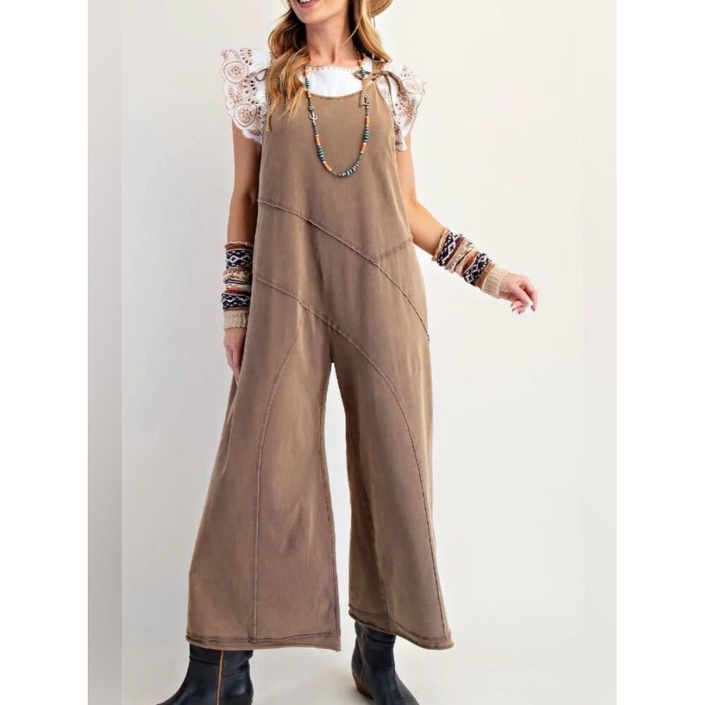 Easel size medium Boho Wide-Leg Taupe Jumpsuit mineral wash